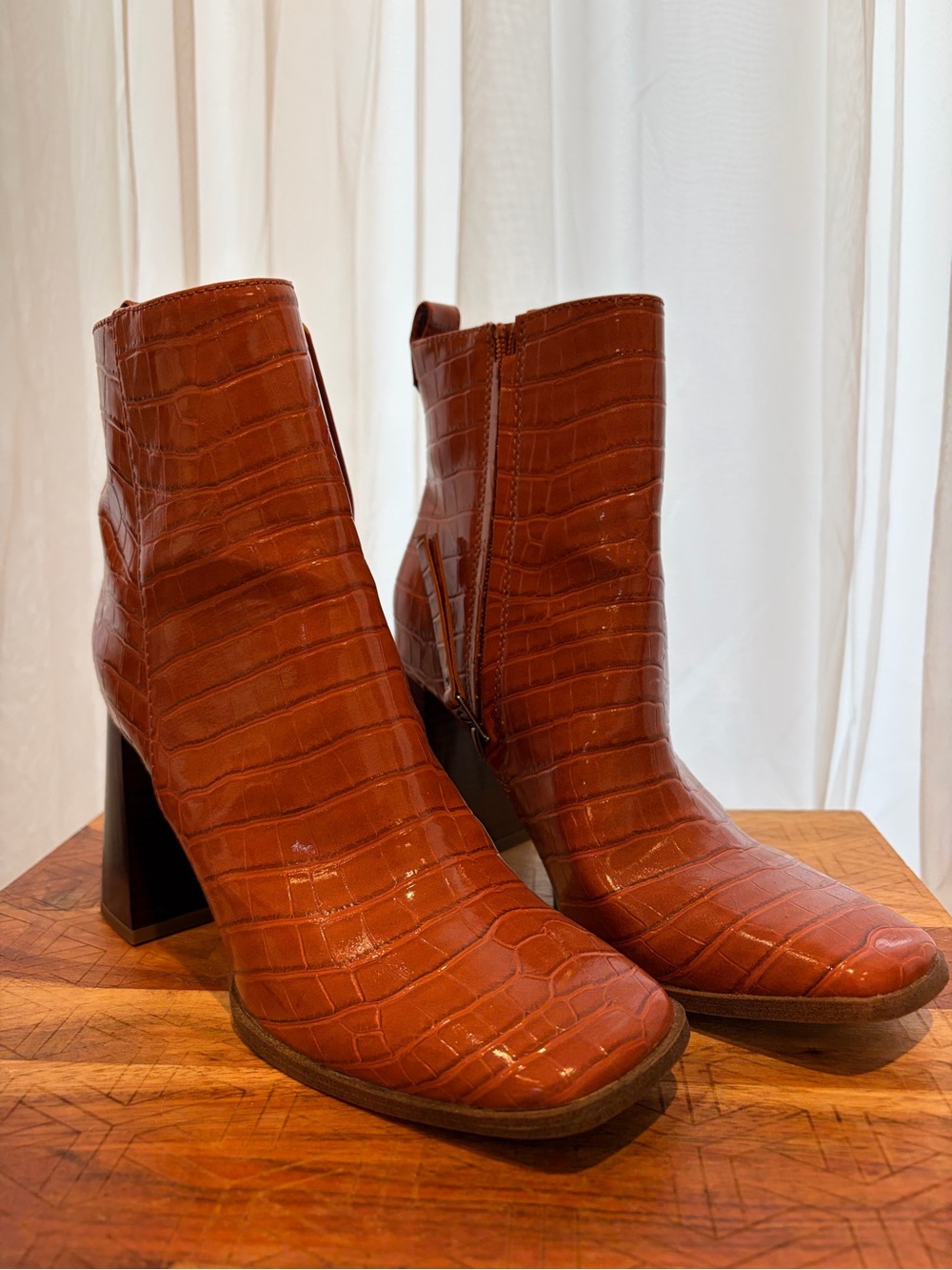 Women’s Croc-Embossed Block Heel Ankle Boots - Rust Brown
